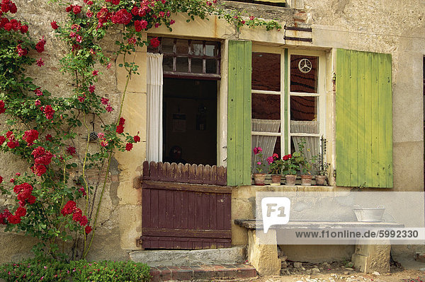 hoch oben nahe nebeneinander neben Seite an Seite Frankreich Außenaufnahme Wohnhaus Tür grün Pflanze rot Rose Geographie Jalousie Burgund