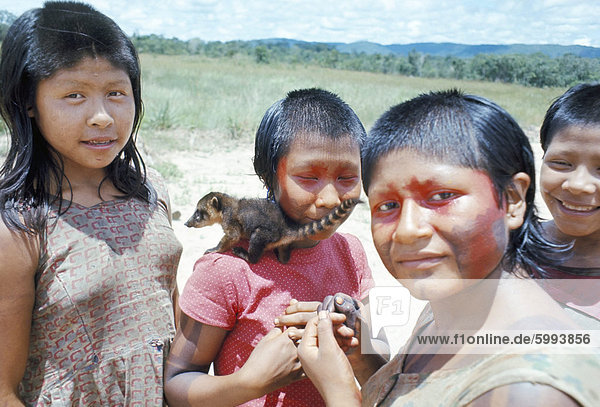 Gorotire Indian girls with coati  Brazil  South America