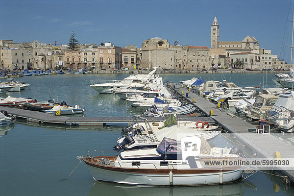 Boote im Hafen  mit der der 12. Jahrhundert Kathedrale San Nicola Pellegrino im Hintergrund in der Stadt von Trani  Apulien  Italien  Mittelmeer  Europa