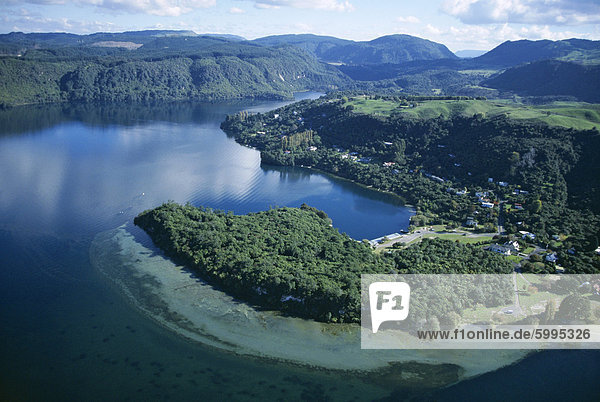 Luftbild von lokalen Seen  umgeben von Wäldern und riesigen Farnen  Rotorua  Manukau  North Island  Neuseeland  Pazifik