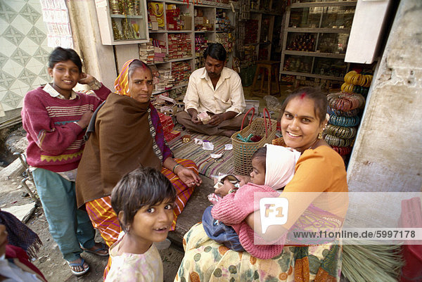 Family at shop  Deogarh  Rajasthan state  India  Asia
