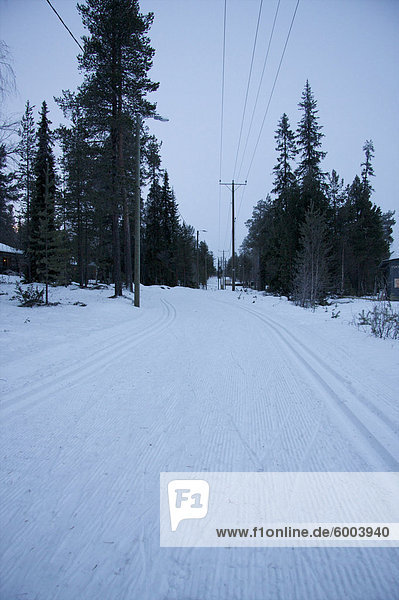 Verschneite Straße  Pyha-Luosto-Skigebiet  Finnisch Lappland  Skandinavien  Europa