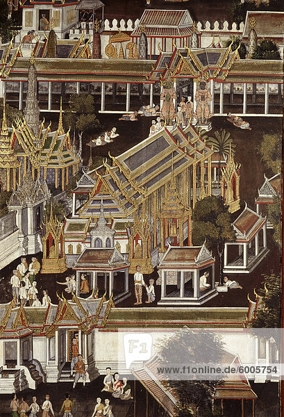Detail einer Wandmalerei  die Darstellung des Tempels des Smaragd-Buddha  in der Ordination-Pavillon von König Rama V in der Marmor-Tempel  Asien  Bangkok  Thailand  Südostasien