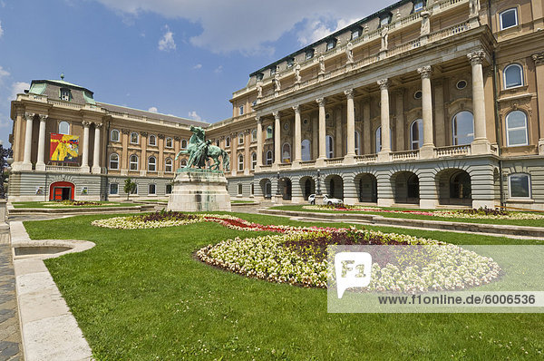 Rear entrance to the Hungarian National Gallery with equestrian statue  Budapest  Hungary  Europe