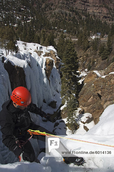 Ice climbing at Ice Park  Box Canyon  climbing capital of America  Ouray  Colorado  United States of America  North America