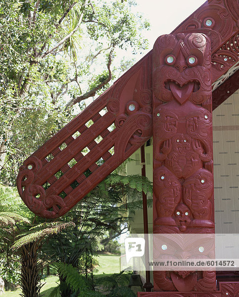Bargeboards representing ancestors' arms on a building in the Waitangi National Reserve  Whara Runanga  at Waitangi  Bay of Islands  North Island  New Zealand  Pacific