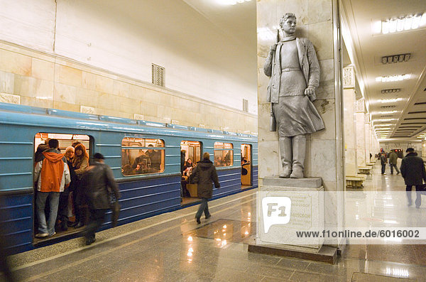 A statue of Zoya Kosmodemyanskaya  brave woman partisan fighter during WWII  at Partisanskaya metro station  Moscow  Russia  Europe