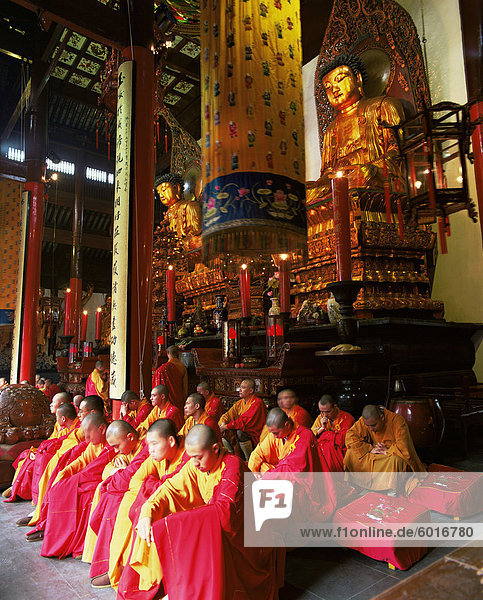 Buddhist monks worshipping in the Grand Hall  Jade Buddha Temple (Yufo Si)  Shanghai  China  Asia
