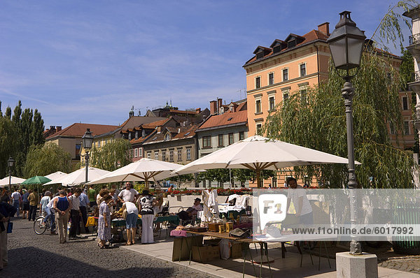 Open air market by the river Ljubljanica  Ljubljana  Slovenia  Europe