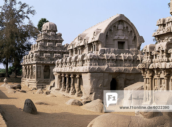 Gruppe von Felsen schneiden Tempel genannt die fünf Rathas (5 Wagen)  aus dem ca. 7. Jahrhundert Mahabalipuram (Mamallapuram)  UNESCO Weltkulturerbe  Tamil Nadu Zustand  Indien  Asien