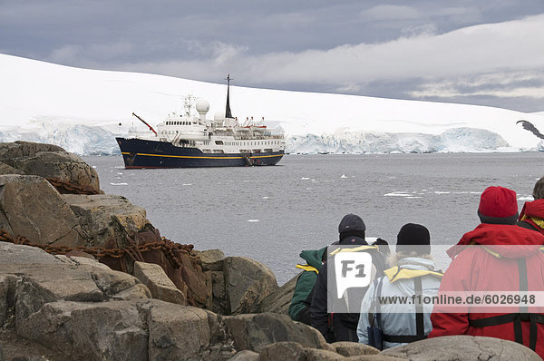 Tourist boat  Port Lockroy  Antarctic Peninsula  Antarctica  Polar Regions
