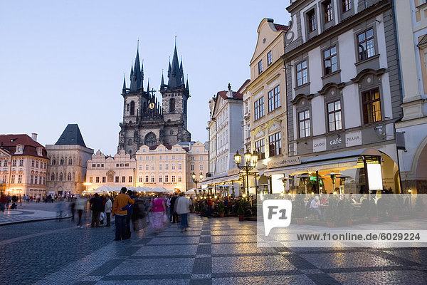 Evening  cafes  Old Town Square  Church of Our Lady before Tyn  Old Town  Prague  Czech Republic  Europe