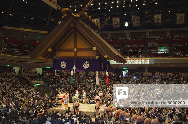 Sumo wrestlers  Grand Taikai Sumo Wrestling Tournament  Kokugikan Hall Stadium  Ryogoku district  Tokyo  Japan  Asia