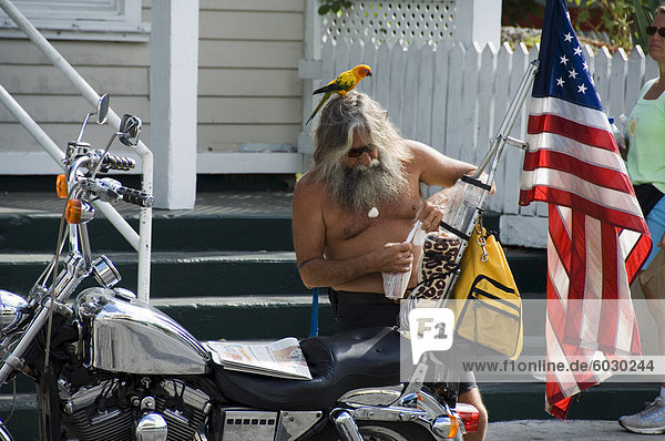 Motorcyclist with bird on head  Duval Street  Key West  Florida  United States of America  North America