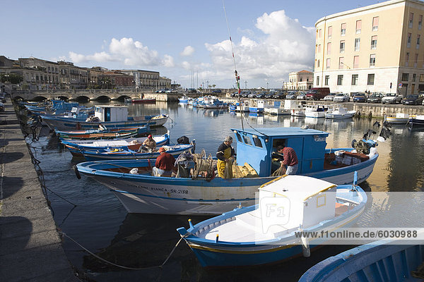 Traditionelle Fischerboote im Hafen  Ortygia  Syrakus  Sizilien  Italien  Europa
