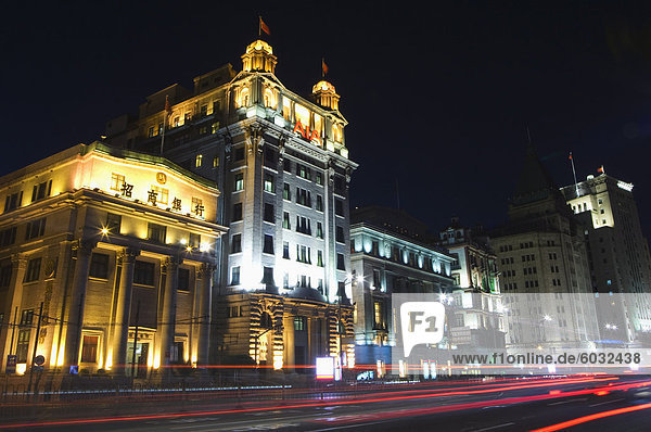 Car light trails and illuminated buildings on the Bund  Shanghai  China  Asia