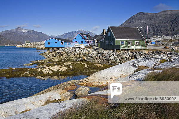 Colorful houses Port of Nanortalik Island of Qoornoq Province of Kitaa Southern Greenland Kingdom of Denmark Polar Regions
