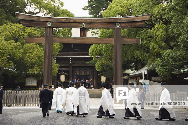 Procession of temple priests on Culture Day Holiday at Meiji Shrine dedicated to Emperor Meiji in 1920  Harajuku District  Tokyo  Honshu Island  Japan  Asia