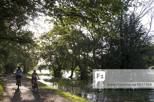 Cyclists on the towpath of the River Thames near Richmond-upon-Thames at high tide  Surrey  England  United Kingdom  Europe