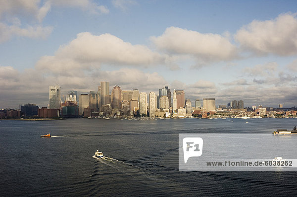 City skyline across the harbor  Boston  Massachusetts  New England  United States of America  North America