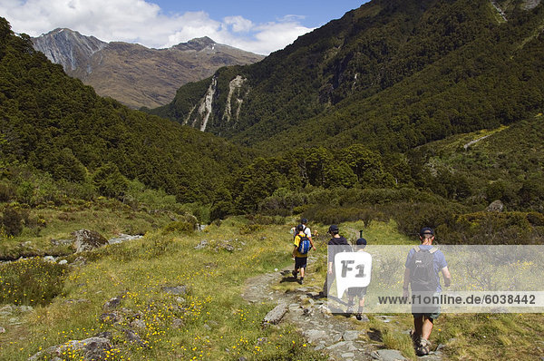 Wanderer auf Rob Roy Gletscher Wandern Track  Mount Aspiring-Nationalpark  Otago  Südinsel  Neuseeland  Pazifik