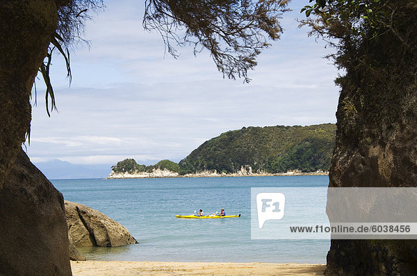 Kayak at Watering Cove  Abel Tasman National Park  the smallest national park in the country  named after the Dutchman  the first European to discover New Zealand in 1642  Nelson  South Island  New Zealand  Pacific