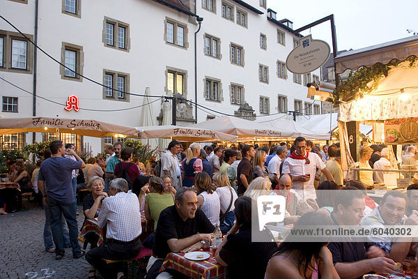 Traditional food and wine stall under the City Hall building during the wine festival  Stuttgart  Baden Wurttemberg  Germany  Europe
