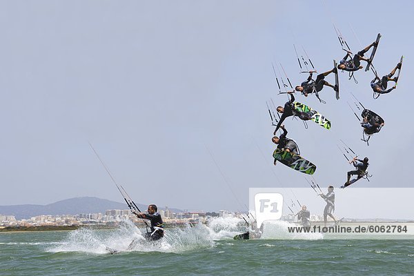Man shown in different stages of kiteboarding