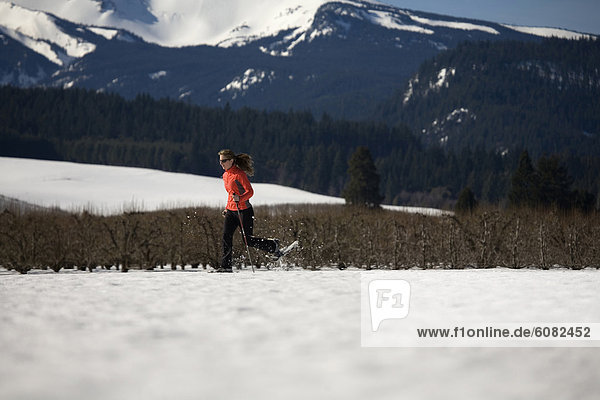 nahe  Frau  rennen  jung  Schneeschuh  Kapuze  Oregon  Schnee