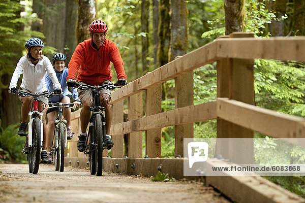Three mountain bikers riding across a wooden bridge in a forest.