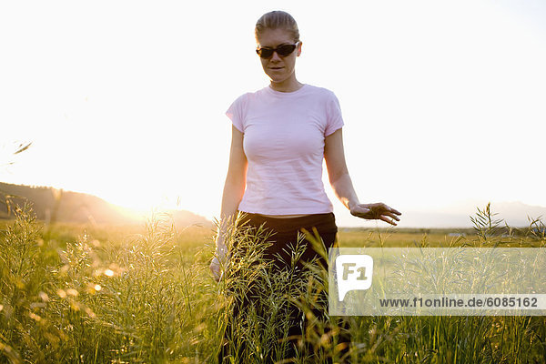 A girl in sunglasses walks in the tall grass at sunset.