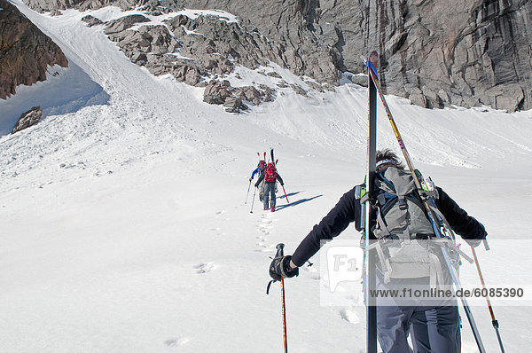 Three backcountry skiers approach a couloir in the spring in Rocky Mountain National Park  Colorado.
