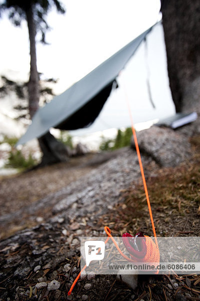 Close-up of a stake anchoring the rain fly over a hammock during rainy weather in the Snowy Range  Wyoming.