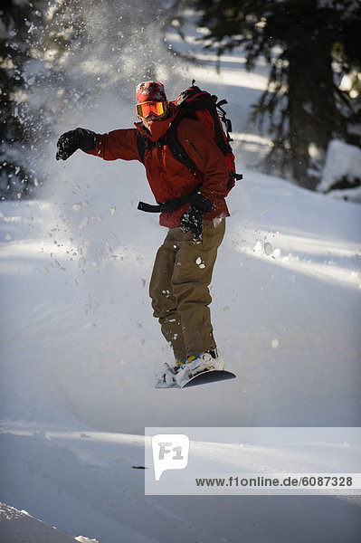 Berg  Snowboardfahrer  Baum  fahren  unbewohnte  entlegene Gegend  In der Luft schwebend  Selkirk Mountains  Kanada  Schnee
