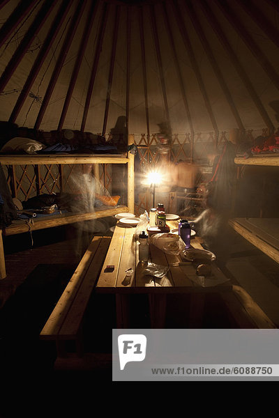 Hikers spend the night in bunkbeds in a yurt in the Wasatch Mountains  Utah.
