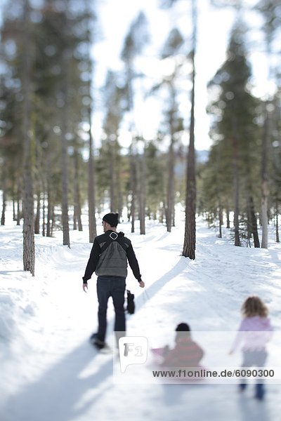 A father snowshoe with an infant and a toddler in the snow covered wilderness of Lake Tahoe  Calfornia.
