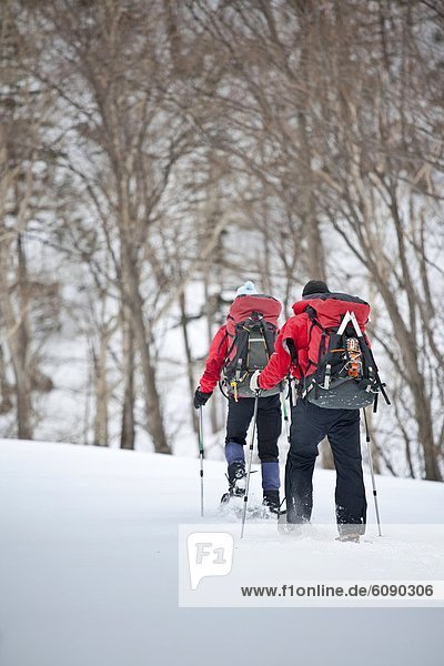 Mensch  zwei Personen  Menschen  2  Schlucht  Daisetsuzan Nationalpark  Hokkaido  Japan  Schneeschuhlaufen