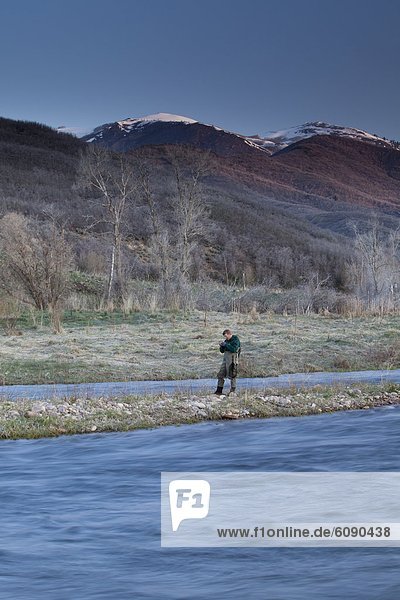A man ties his fly on as he is fly fishing the Provo River in Utah with Wasatch Mountains in the background.