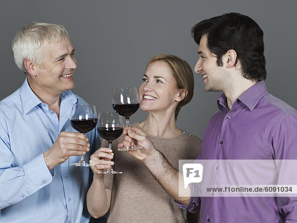 Männer und Frauen mit Weinglas  lächelnd