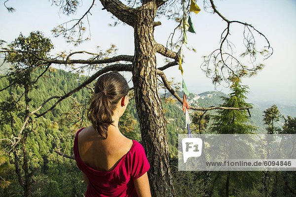 India  Himachal Pradesh  Young woman looking at Dharamsala