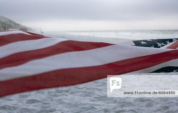 An American flag is blowing in the foreground with the beach and ocean in the background.