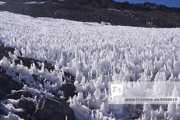 A field of the penitentes snow formation in the Andes mountains of Chile