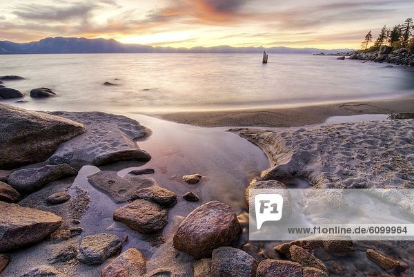 One of Lake Tahoe's 64 tributaries flows into the lake at sunset on the east shore  Nevada.