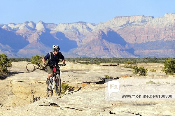 A man mountain bikes on Gooseberry Mesa with Zion National Park in the background  Utah.