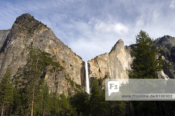 Bridalveil Fall in afternoon light in Yosemite National Park  CA.