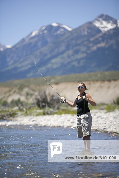 A female fly fishing in Jackson Hole's Snake River.