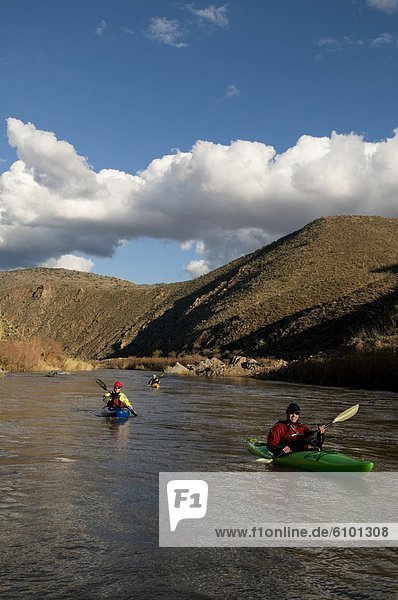 Whitewater kayakers paddle downstream during a whitewater rafting trip on the Salt River  AZ.