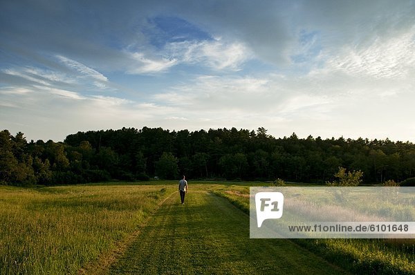 A young man strolls down a grassy road during the evening light outside Acadia National Park  Maine.