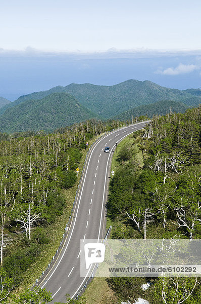 View of car on road  Shiretoko Peninsula  Hokkaido  Japan.