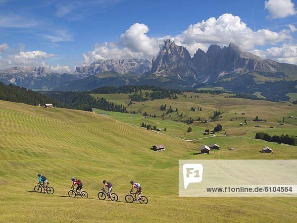 Four mountain bikers are riding downhill a grassy slope at Seiser Alm  with rock cliffs in the background.